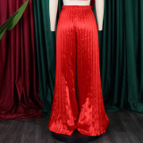 Summer Ladies Solid Color Casual Loose Pleated Wide Leg Pants African Trousers