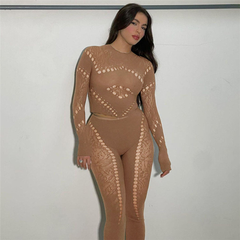 Fall Women's Sexy Round Neck Cutout Tight Fitting Top High Waist See-Through Casual Pant Set