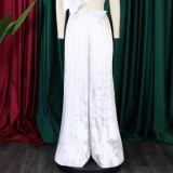 Summer Ladies Solid Color Casual Loose Pleated Wide Leg Pants African Trousers