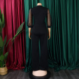 Women'S Summer Short Sleeve Puff Sleeve Beaded Sexy Wide Leg Slim Waist Plus Size Jumpsuit