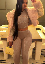 Fall Women's Sexy Round Neck Cutout Tight Fitting Top High Waist See-Through Casual Pant Set