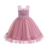 Girls Trendy Evening Dress Birthday Princess Dress Long Mesh Sequin Stage Catwalk Piano Costume