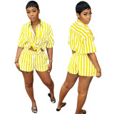 Women's Summer Fashion Stripe Print Set Loose Blouse Two Piece Set