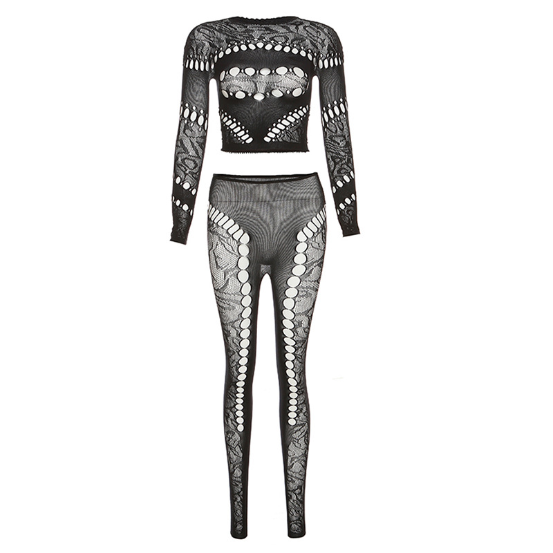 Fall Women's Sexy Round Neck Cutout Tight Fitting Top High Waist See-Through Casual Pant Set