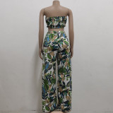 Women Sexy Crop Top and High Waist Leaf Print Loose Two Piece Pants Set