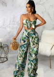 Women Sexy Crop Top and High Waist Leaf Print Loose Two Piece Pants Set