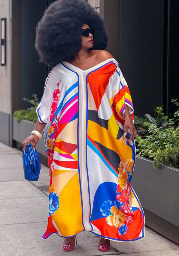 Ladies Fashion Print Casual Loose V Neck Stylish Ladies Dress