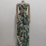 Women Sexy Crop Top and High Waist Leaf Print Loose Two Piece Pants Set