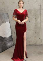 Women Velvet Beaded Formal Party Elegant Mermaid Evening Dress Women Velvet Beaded Formal Party Elegant Mermaid Evening Dress