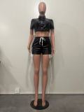 Women's Deep Pocket Slit Pu Leather Short Front Short Back Long Shorts Two-Piece Set