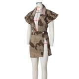 Summer Ladies Casual Distressed Heavy Wash Sleeveless High Slit Camouflage Casual Set
