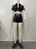 Women's Deep Pocket Slit Pu Leather Short Front Short Back Long Shorts Two-Piece Set