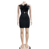 Fashion Ladies Solid Feather Strapless Sleeveless Dress
