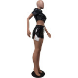 Women's Deep Pocket Slit Pu Leather Short Front Short Back Long Shorts Two-Piece Set