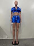 Women's Deep Pocket Slit Pu Leather Short Front Short Back Long Shorts Two-Piece Set
