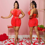 Fashion Ladies Solid Feather Strapless Sleeveless Dress