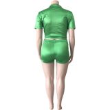Plus Size Women Short Sleeve Shirt + Shorts Stretch Two Piece Set