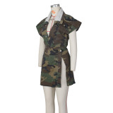 Summer Ladies Casual Distressed Heavy Wash Sleeveless High Slit Camouflage Casual Set
