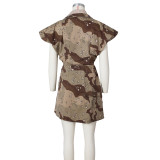 Summer Ladies Casual Distressed Heavy Wash Sleeveless High Slit Camouflage Casual Set