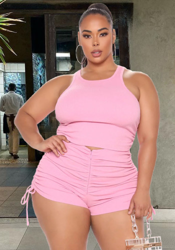 Plus Size Women's Tank Top Pleated Casual Shorts Two Piece Set