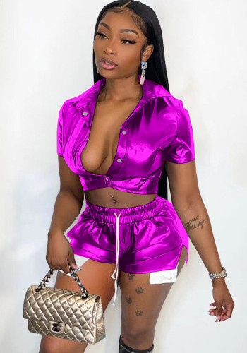 Women's Deep Pocket Slit Pu Leather Short Front Short Back Long Shorts Two-Piece Set