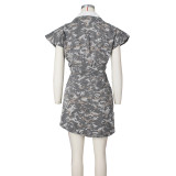 Summer Ladies Casual Distressed Heavy Wash Sleeveless High Slit Camouflage Casual Set