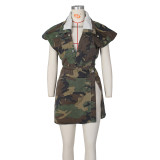 Summer Ladies Casual Distressed Heavy Wash Sleeveless High Slit Camouflage Casual Set