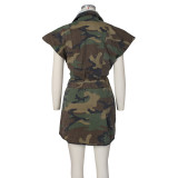 Summer Ladies Casual Distressed Heavy Wash Sleeveless High Slit Camouflage Casual Set