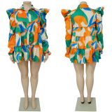 Plus Size Women's Fashion Print Ruffle Button Shirt Dress