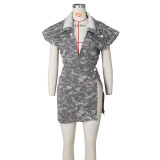 Summer Ladies Casual Distressed Heavy Wash Sleeveless High Slit Camouflage Casual Set