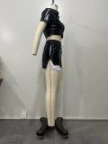 Women's Deep Pocket Slit Pu Leather Short Front Short Back Long Shorts Two-Piece Set