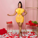 Fashion Ladies Solid Feather Strapless Sleeveless Dress