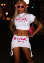 Ladies Fashion Summer Letter Print Round Neck Crop Short Sleeve Top Skirt Two-Piece Set