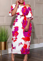 Women'S Patchwork Print Off Shoulder Slim Waist Plus Size Dress Women'S Patchwork Print Off Shoulder Slim Waist Plus Size Dress