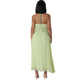 Sexy Low Back Halter Neck Tank Top Pleated Maxi Skirt Two-Piece Set