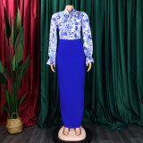 Women Printed Lace-Up Long Sleeve Shirt and Skirt Two-Piece Set