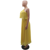 Sexy Low Back Halter Neck Tank Top Pleated Maxi Skirt Two-Piece Set