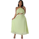 Sexy Low Back Halter Neck Tank Top Pleated Maxi Skirt Two-Piece Set