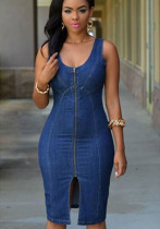 Women'S Sleeveless Zipper Slim Fitted Denim Bodycon Dress Women'S Sleeveless Zipper Slim Fitted Denim Bodycon Dress