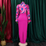 Women Printed Lace-Up Long Sleeve Shirt and Skirt Two-Piece Set