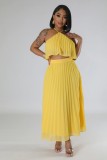 Sexy Low Back Halter Neck Tank Top Pleated Maxi Skirt Two-Piece Set