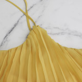 Sexy Low Back Halter Neck Tank Top Pleated Maxi Skirt Two-Piece Set