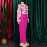 Women Printed Lace-Up Long Sleeve Shirt and Skirt Two-Piece Set