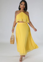 Sexy Low Back Halter Neck Tank Top Pleated Maxi Skirt Two-Piece Set