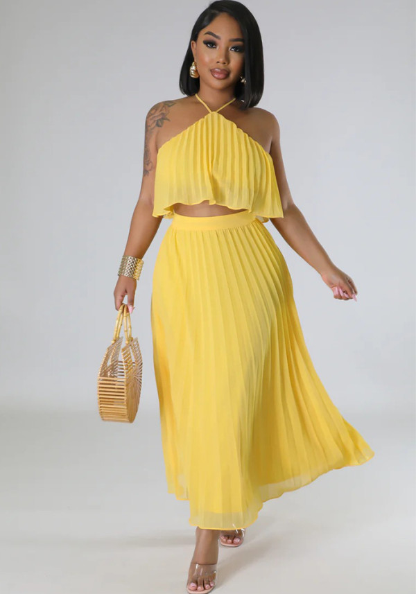 Sexy Low Back Halter Neck Tank Top Pleated Maxi Skirt Two-Piece Set