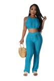 Summer Women Sexy Round Neck Sleeveless Ripped Crop Top and Pant Two-Piece Set