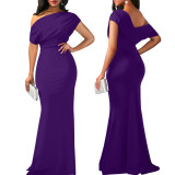 Women Sexy Slash Shoulder Pleated Dress