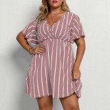 Plus Size Women Striped V-Neck Short Sleeve Loose Bohemian Dress