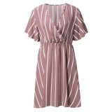 Plus Size Women Striped V-Neck Short Sleeve Loose Bohemian Dress