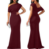 Women Sexy Slash Shoulder Pleated Dress